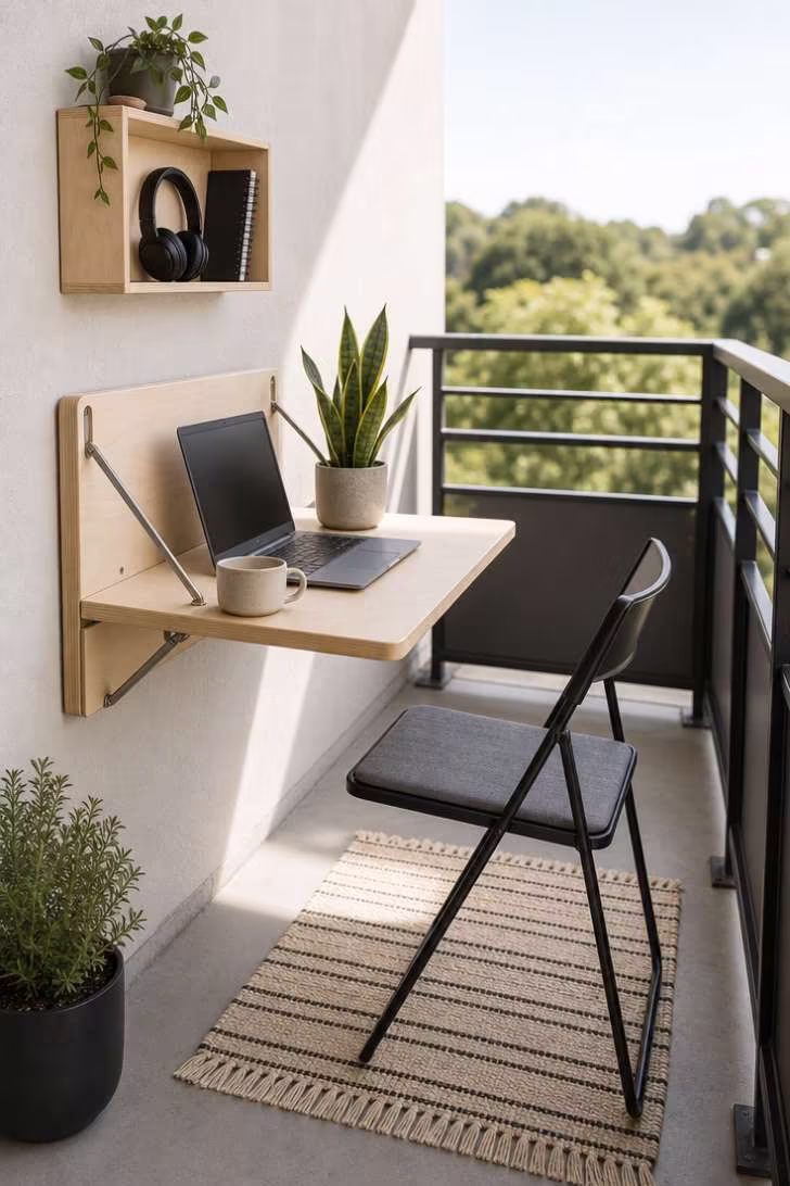 11 Beautiful Narrow Balcony Ideas to Transform Yours 10 A birch plywood fold-down desk extended on a narrow balcony wall, with a laptop and coffee mug, and a blurred treeline view beyond the railing.