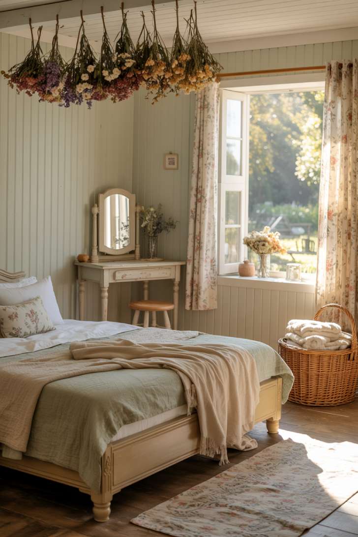 10 Vintage Guest Bedroom Ideas with Soft Antique Touches 10 A soft cottagecore vintage guest bedroom with a low carved wooden bed, sage and cream linen bedding, antique vanity, dried flowers hanging from a ceiling beam, and golden morning light through floral curtains