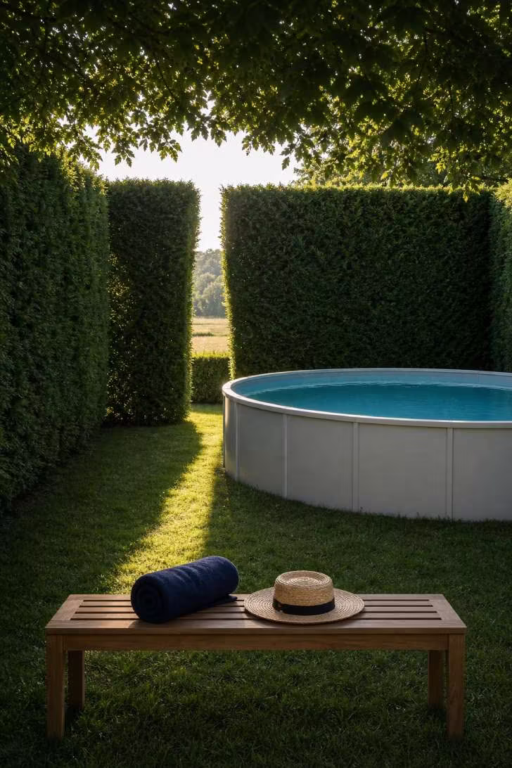15 Nice Above Ground Pool Ideas You Can Steal This Year 10 Above ground pool enclosed by tall arborvitae privacy hedge forming a green room with teak bench