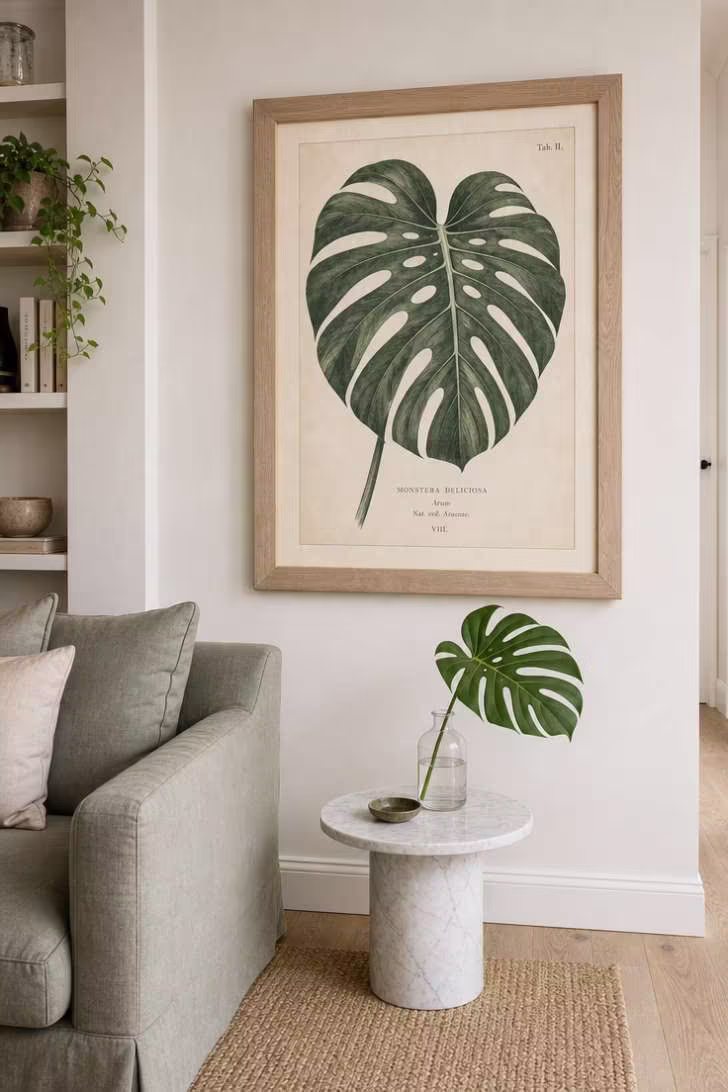 Large framed botanical monstera print on white wall with fresh leaf echo below