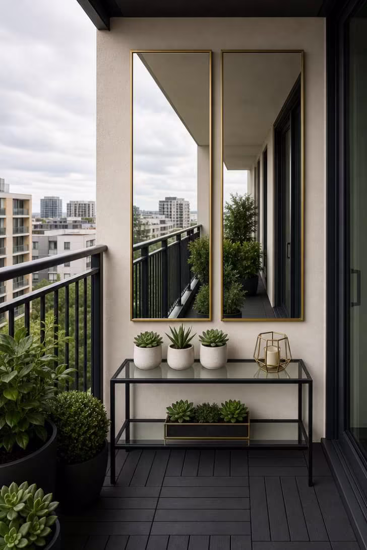 11 Beautiful Narrow Balcony Ideas to Transform Yours 11 Two brass-framed mirrors on a narrow balcony end wall reflecting sky and greenery, above a slim black console table with succulents.