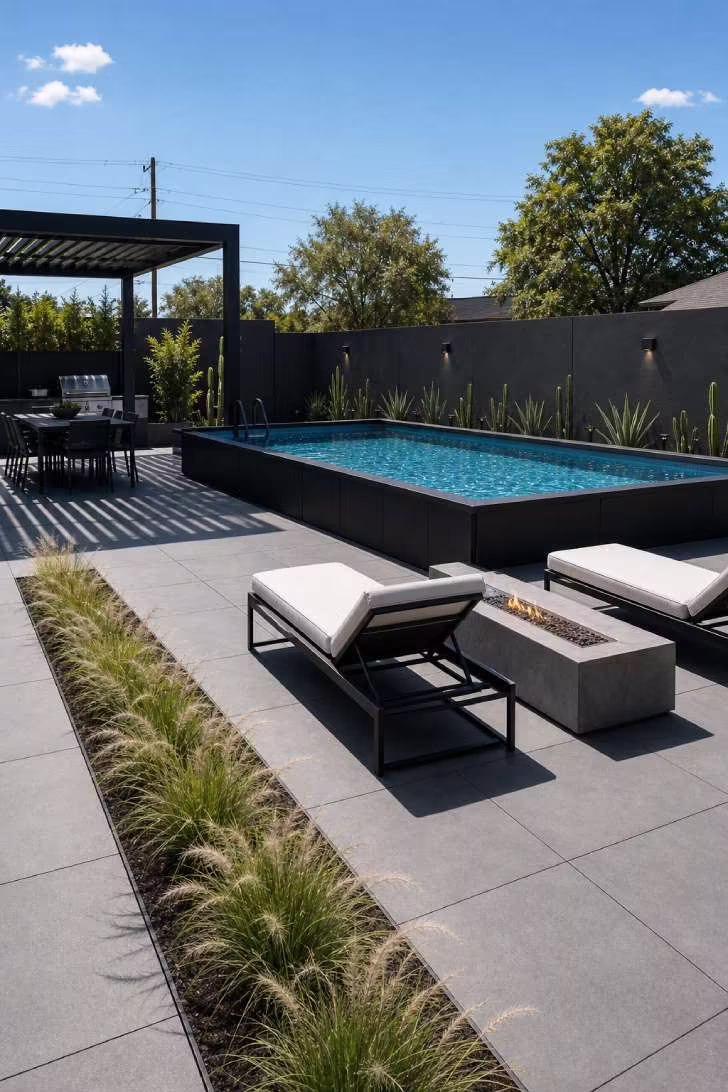 15 Nice Above Ground Pool Ideas You Can Steal This Year 11 Rectangular above ground pool on large-format gray concrete pavers with linear planter, black chaise loungers and gas fire table