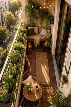 An overhead view of a beautifully decorated narrow apartment balcony with a bistro table, vertical garden, string lights, and wood deck tiles in warm morning light.