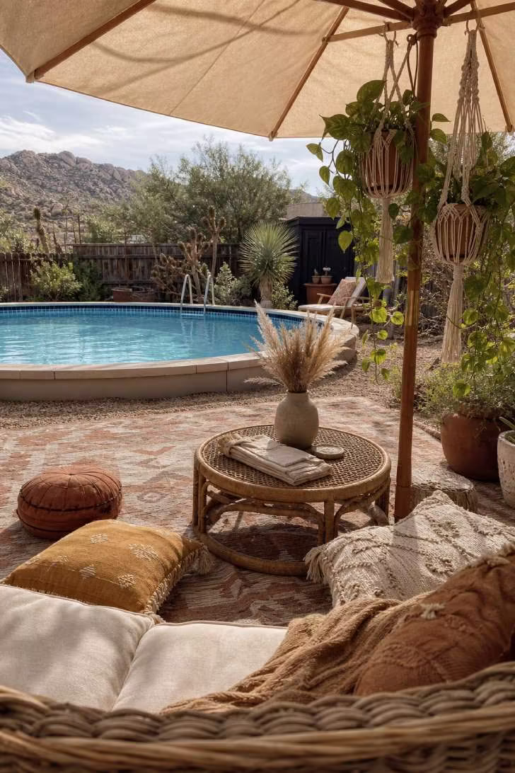 15 Nice Above Ground Pool Ideas You Can Steal This Year 12 Bohemian outdoor living room beside above ground pool with rattan daybed, floor cushions, pampas grass and layered rugs