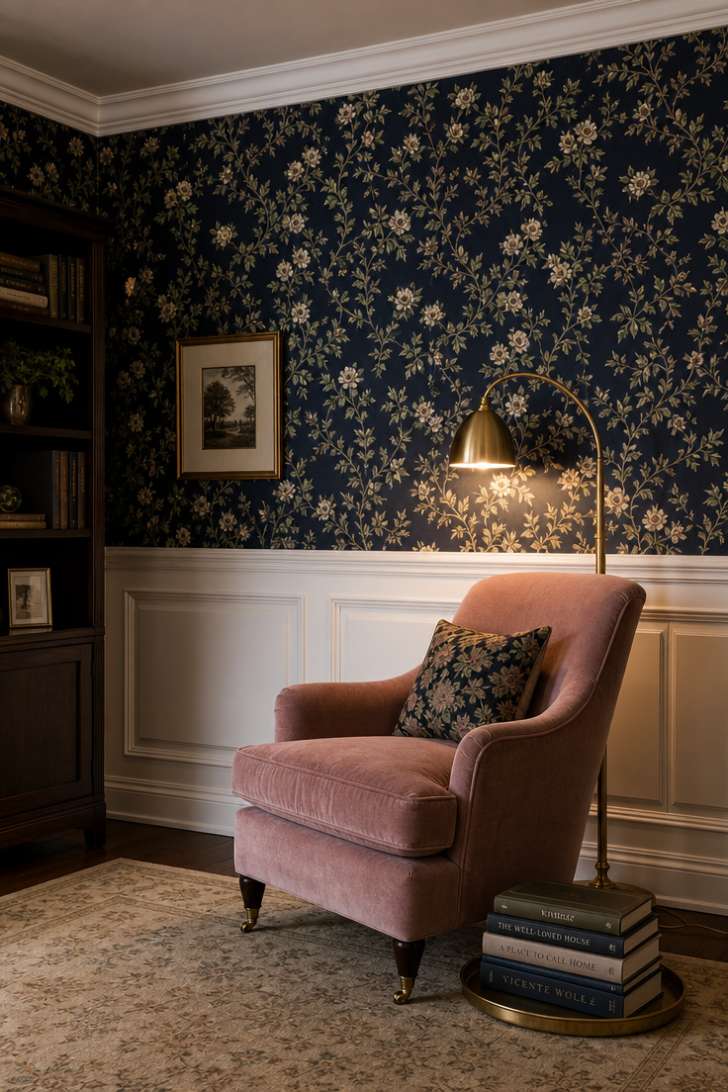 White wainscoting below dark botanical wallpaper with blush velvet reading chair