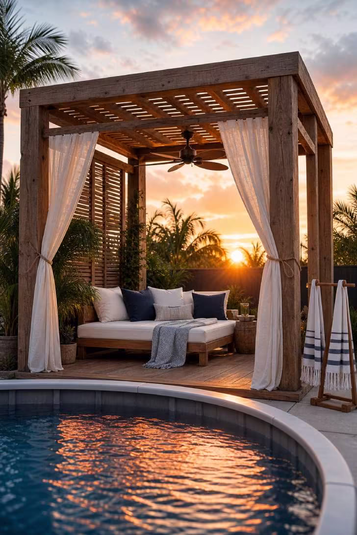 15 Nice Above Ground Pool Ideas You Can Steal This Year 13 Freestanding timber cabana with sheer curtains and daybed beside above ground pool at golden hour