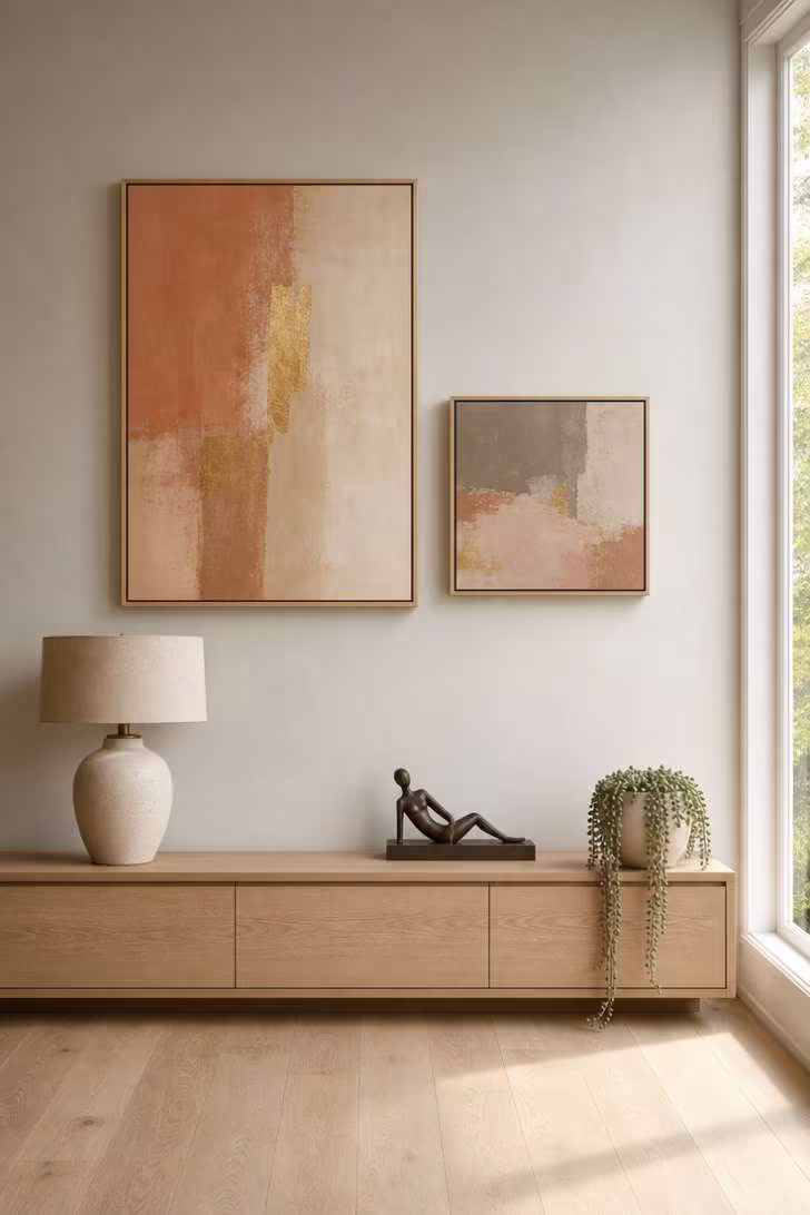 Two abstract paintings in asymmetrical arrangement on grey wall above oak console