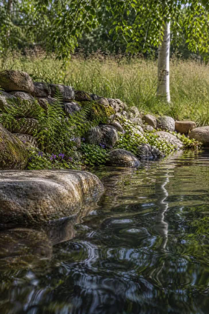 15 Nice Above Ground Pool Ideas You Can Steal This Year 14 Above ground pool disguised as natural pond with dark liner, stacked field stone, moss-covered boulders and native ferns