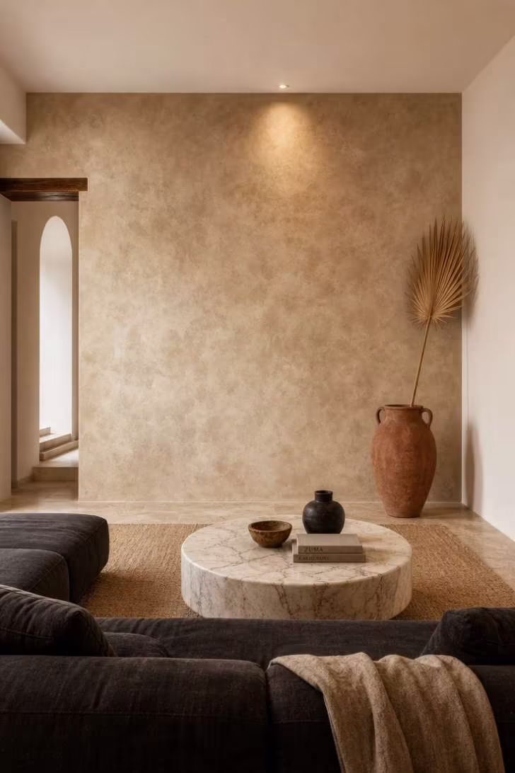 Limewash accent wall in warm sand tones with dried palm leaf and charcoal sofa