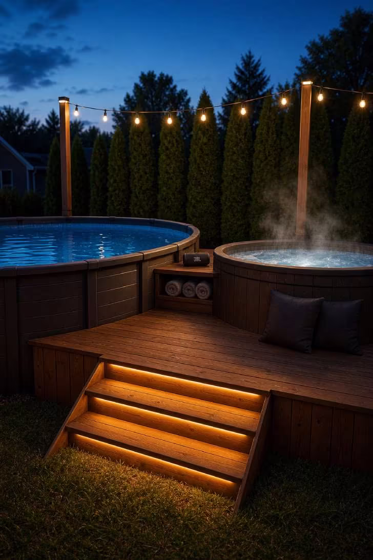 15 Nice Above Ground Pool Ideas You Can Steal This Year 15 Above ground pool and hot tub combo on shared wooden deck with LED step lighting and steam rising at twilight