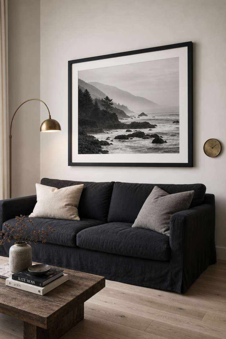 Large black-and-white coastal photograph above charcoal linen sofa with brass lamp