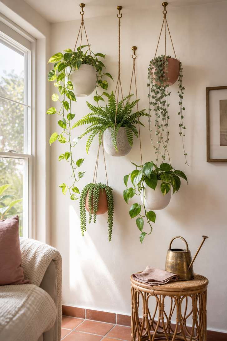 Staggered ceramic hanging planters with trailing plants on a white wall