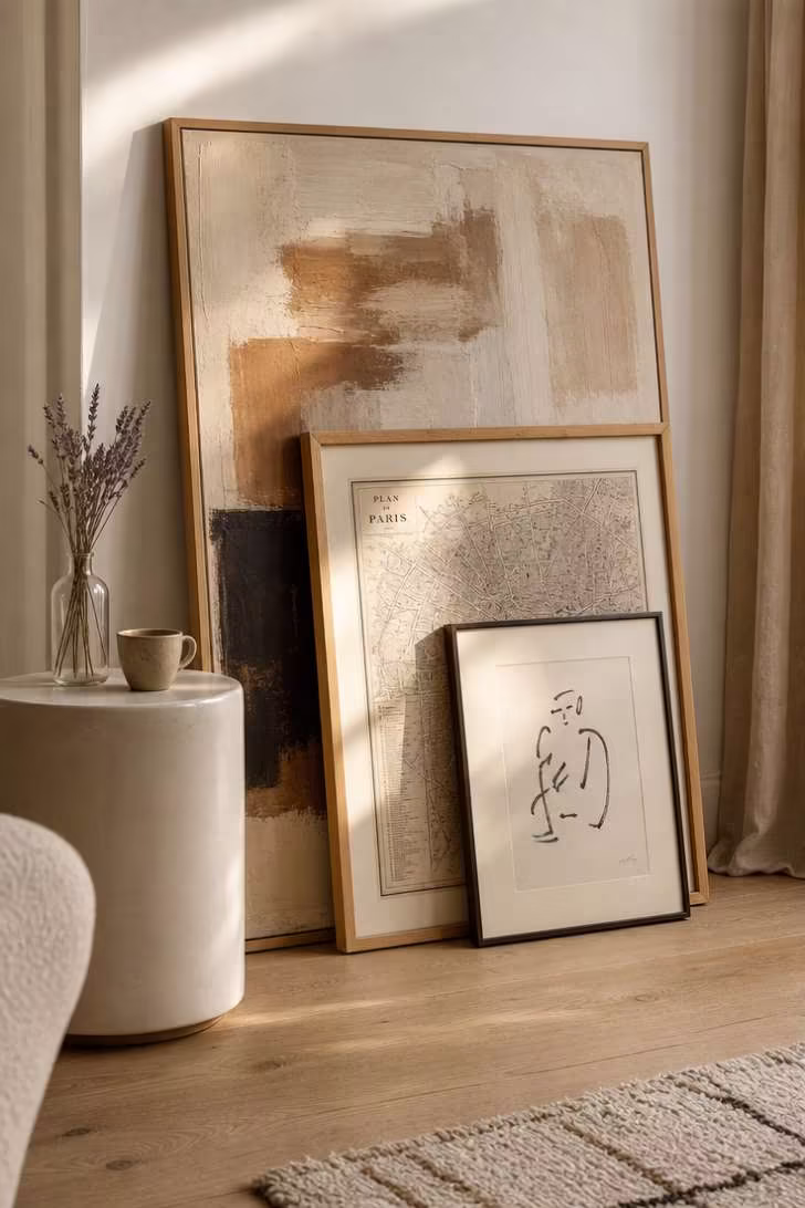 Three framed artworks leaning against wall in an overlapping floor stack