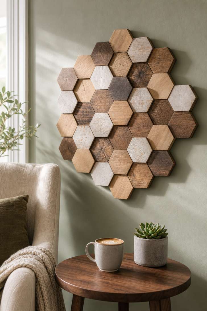 Geometric hexagonal wooden wall sculpture on sage green wall above side table