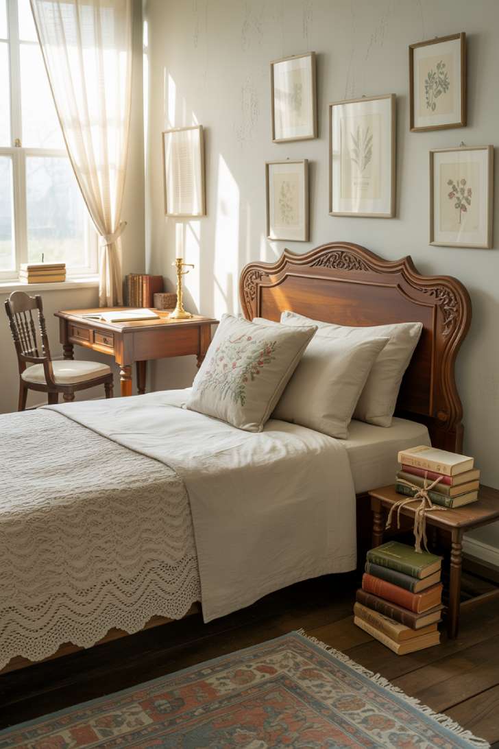 10 Vintage Guest Bedroom Ideas with Soft Antique Touches 2 A vintage cottage-style guest bedroom with a carved walnut bed, crocheted lace bedspread, writing desk by the window, and a botanical gallery wall