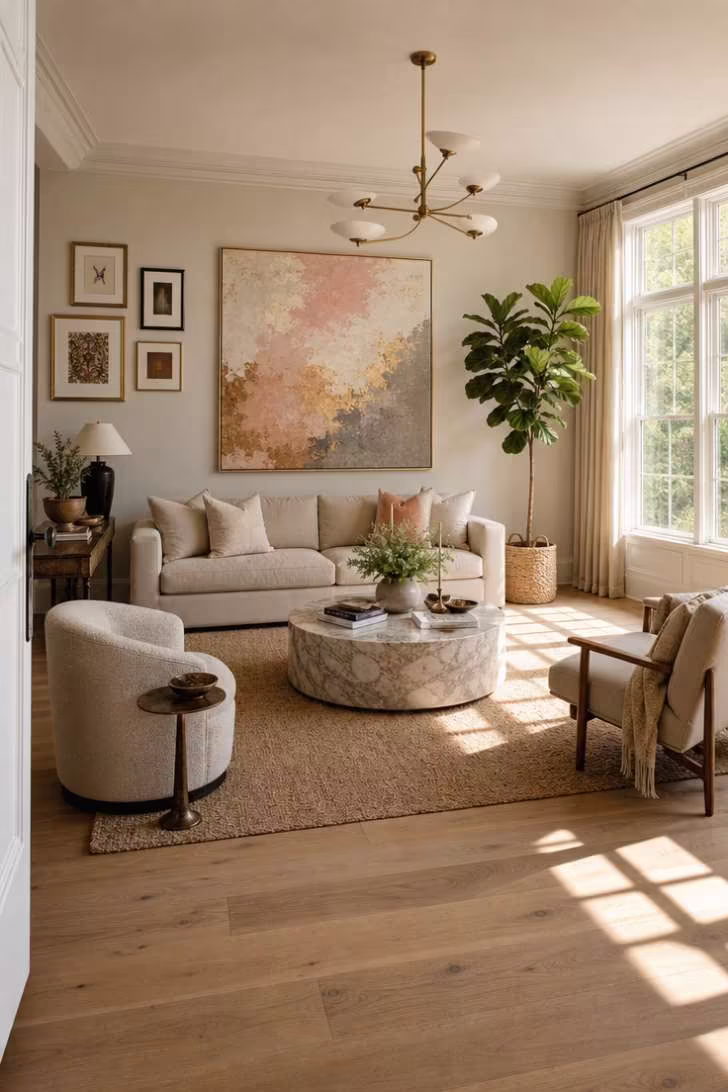 Bright airy living room with oversized abstract art, gallery wall and natural afternoon light