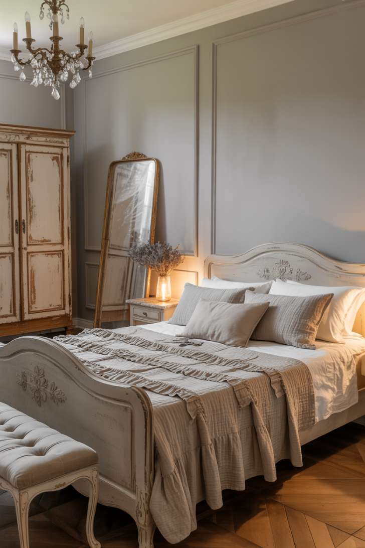 10 Vintage Guest Bedroom Ideas with Soft Antique Touches 3 A romantic French country vintage guest bedroom with a whitewashed carved bed, ruffled linen bedding, gilded mirror, crystal chandelier, and herringbone wood floors