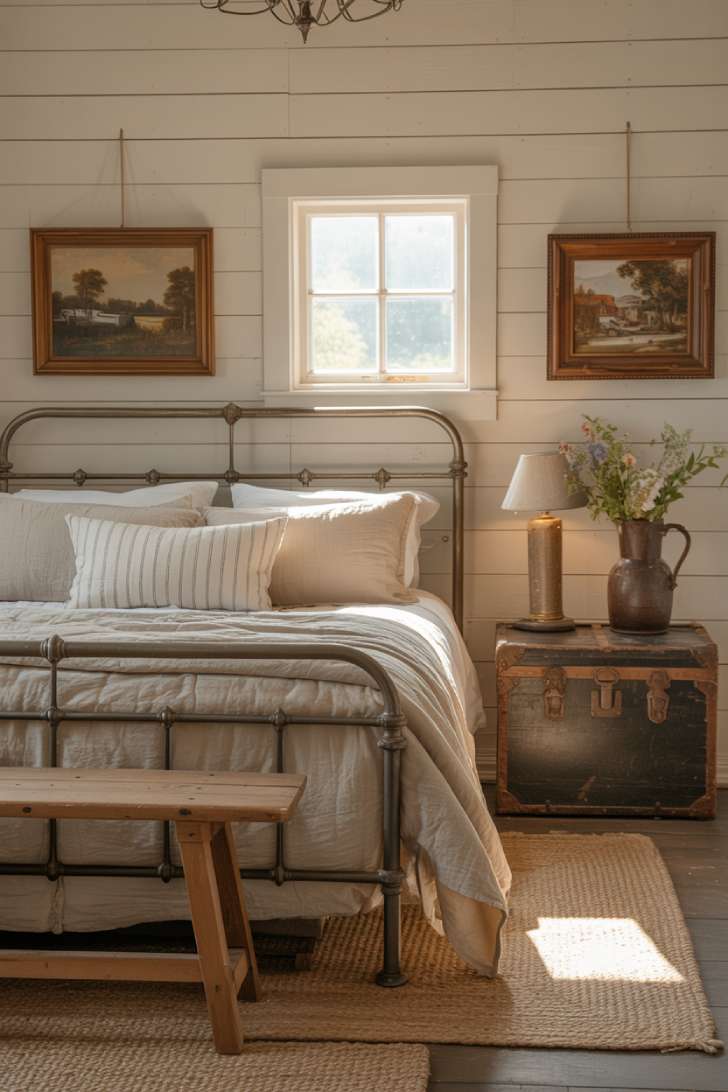 10 Vintage Guest Bedroom Ideas with Soft Antique Touches 4 A farmhouse-style vintage guest bedroom with a matte black metal bed, ticking stripe pillows, reclaimed wood bench, antique trunk side table, and golden hour light through small-paned windows