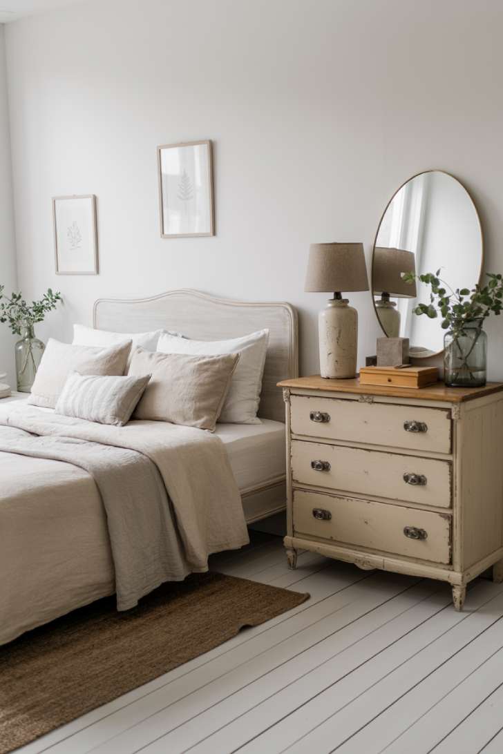 10 Vintage Guest Bedroom Ideas with Soft Antique Touches 6 A light and airy Scandinavian vintage guest bedroom with a white wooden bed, cream and gray linen bedding, antique pine dresser, and cool morning light