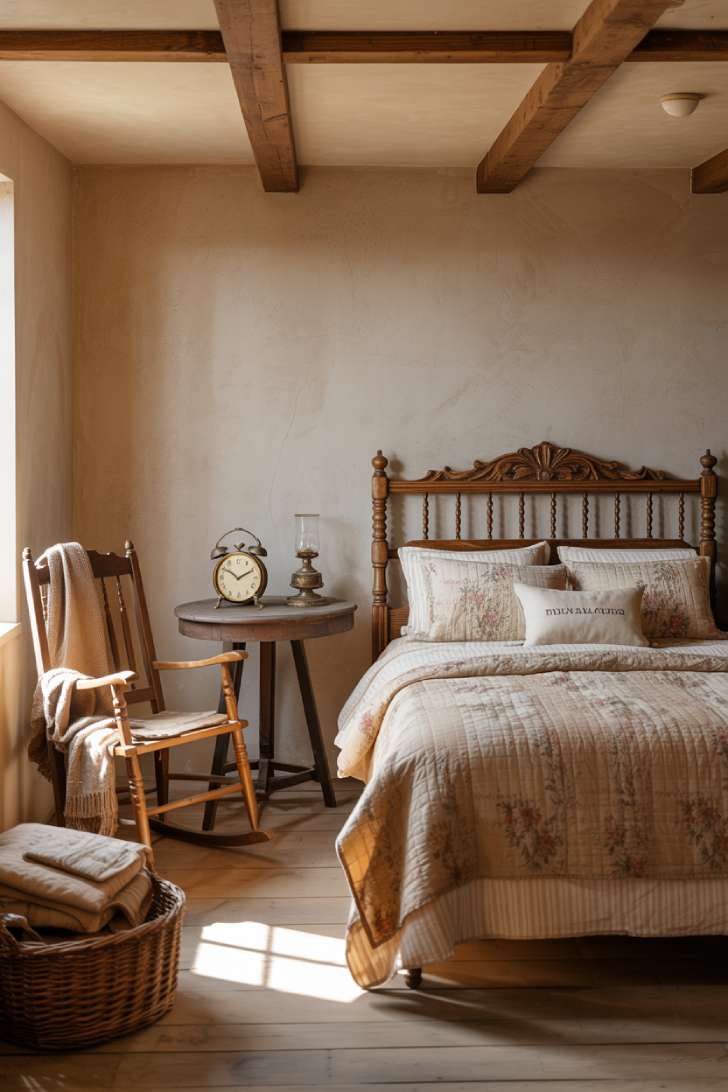10 Vintage Guest Bedroom Ideas with Soft Antique Touches 7 A rustic countryside vintage guest bedroom with a carved oak spindle bed, layered beige and floral bedding, antique rocking chair, exposed ceiling beams, and warm streaks of sunlight