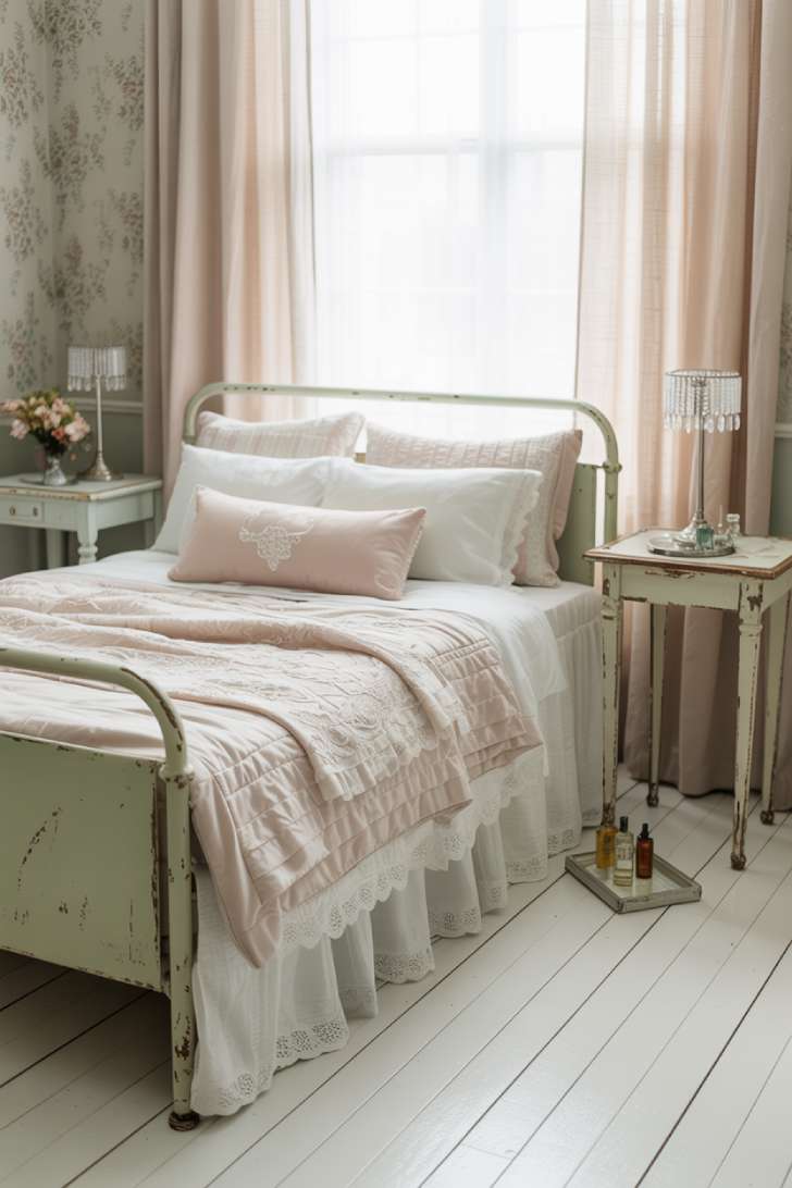 10 Vintage Guest Bedroom Ideas with Soft Antique Touches 8 A shabby chic vintage guest bedroom with a distressed pale mint metal bed, ruffled white and blush bedding, mismatched chipped paint side tables, crystal table lamps, and sheer curtains in soft daylight