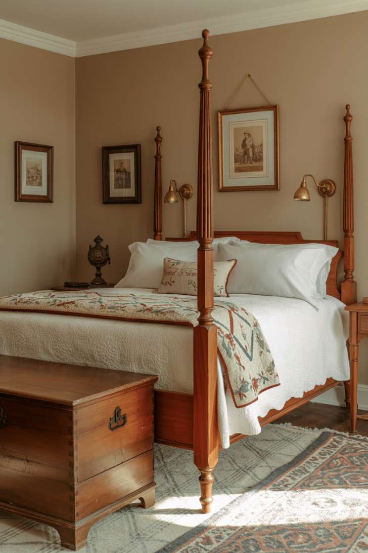 10 Vintage Guest Bedroom Ideas with Soft Antique Touches 9 A colonial-inspired vintage guest bedroom with a cherry wood four-poster bed, hand-stitched quilt, mounted brass reading lamps, historical prints, and a symmetrically styled antique wooden chest