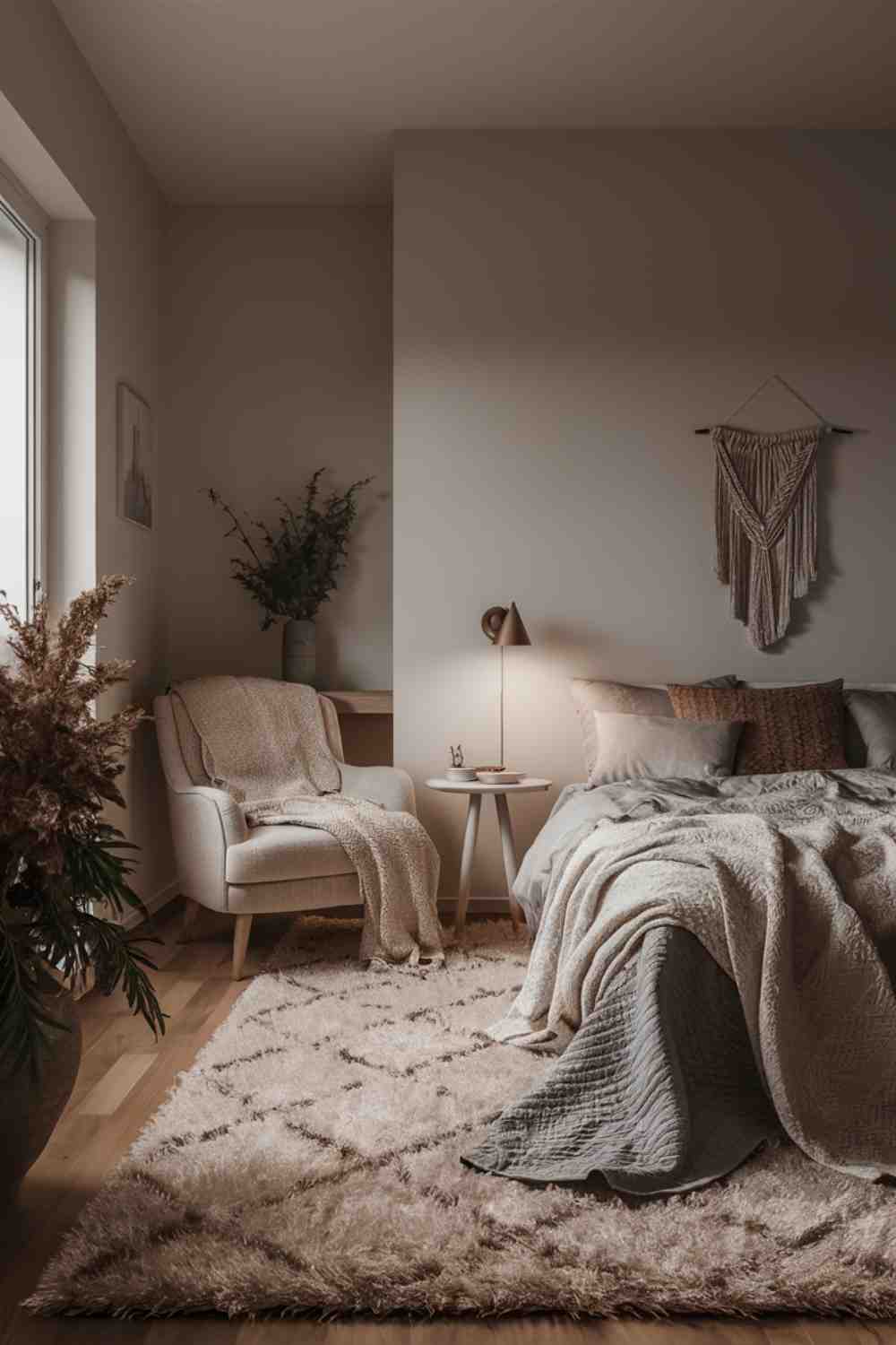 A Scandinavian minimalist bedroom that balances warmth and simplicity. The room features clean lines and a neutral color palette, but with warm touches. A plush area rug in a cream color adds softness underfoot. The bed is dressed in layers of cozy linens in soft, muted tones. A reading nook in the corner features a comfortable armchair with a soft throw blanket. Warm, dimmable lighting from bedside lamps creates a cozy ambiance.