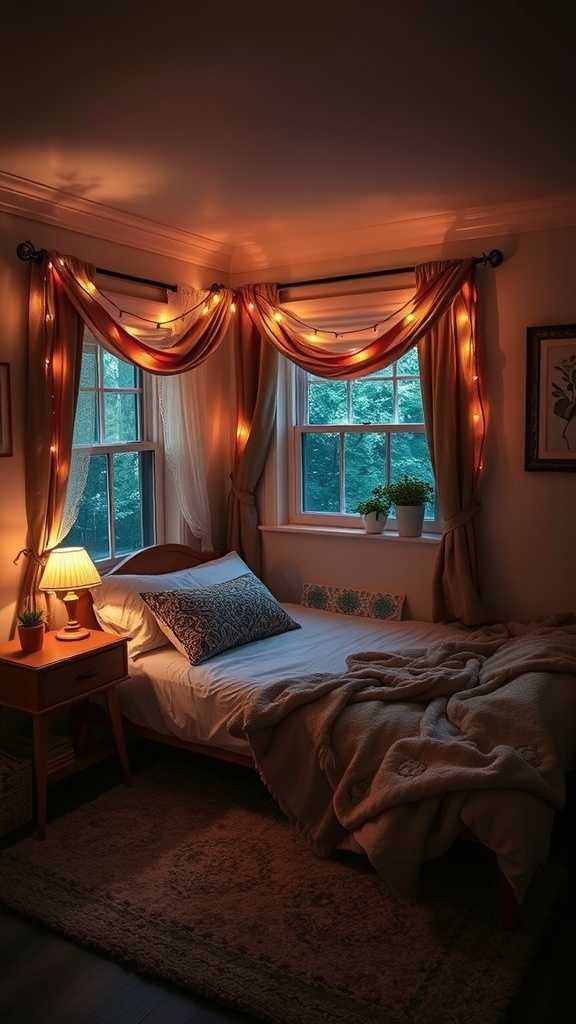 A cozy small bedroom with soft lighting, plants, and decorative elements.