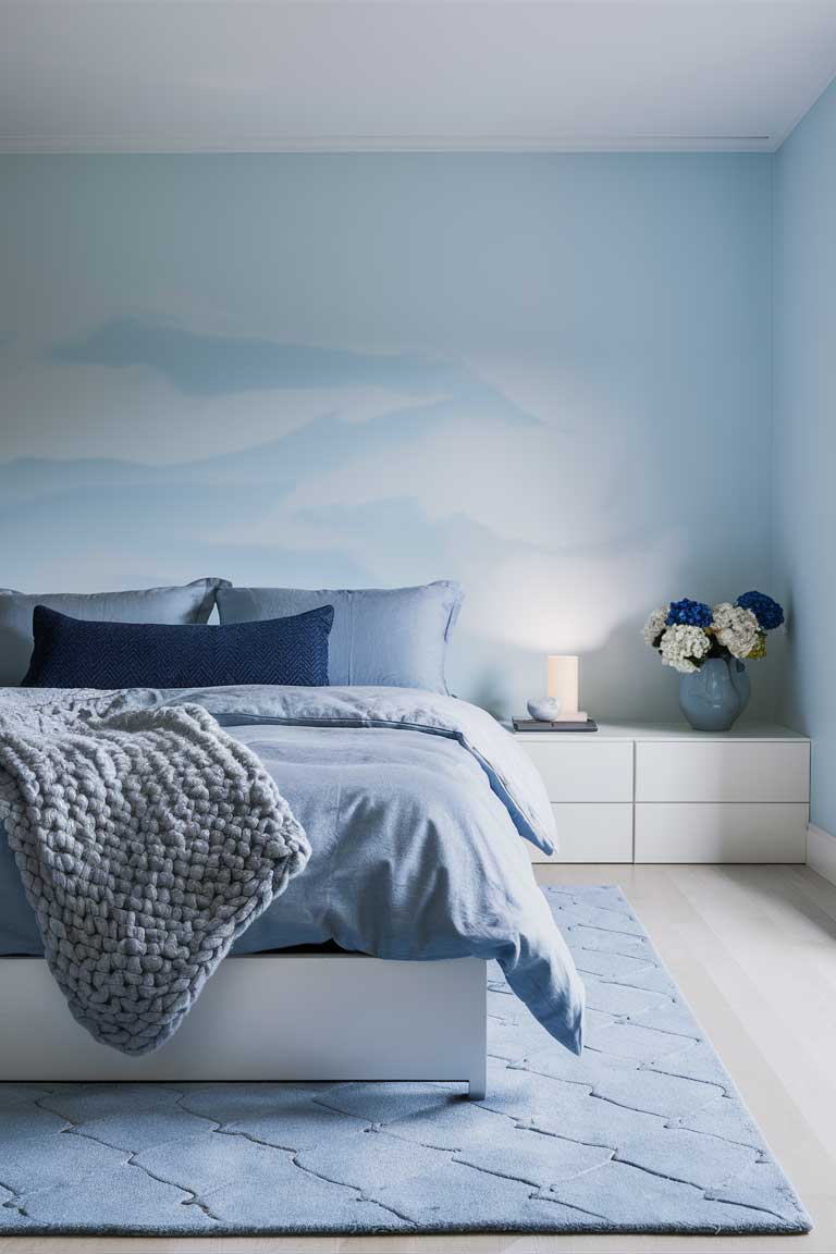 A monochromatic bedroom in shades of blue. The walls are a pale sky blue, the bedding is a slightly deeper powder blue, and a navy blue throw pillow adds a pop of contrast. A light blue area rug ties the room together, while white furniture keeps the space feeling fresh and airy.