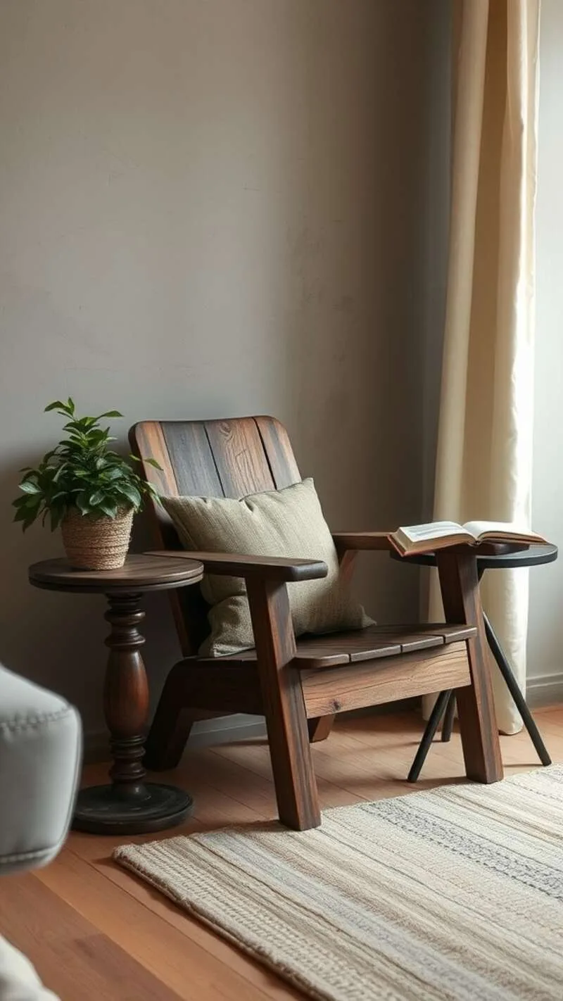 19 Wabi-Sabi Living Room Ideas for a Cozy & Timeless Space 4 Cozy vintage living room with a comfortable chair, small table, and plant