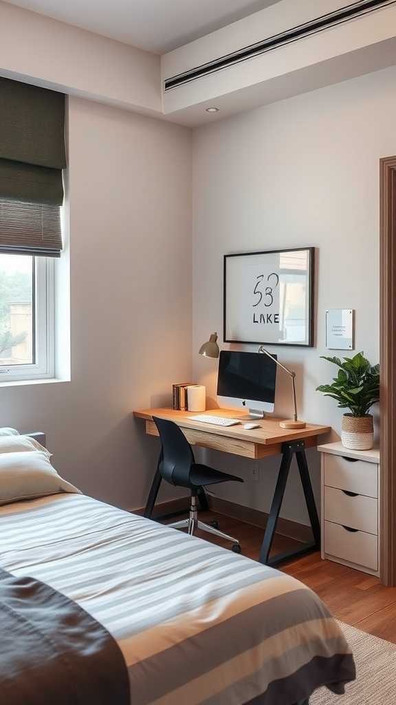 A small bedroom featuring a compact work area with a desk, chair, and plant by the window.