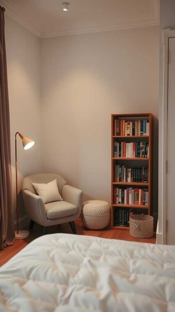 A cozy reading nook in a small bedroom with a chair and bookshelf.