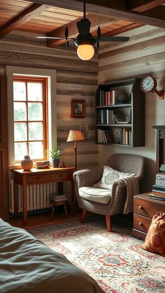 Cozy reading nook in a rustic farmhouse bedroom with a chair, side table, and bookshelf.