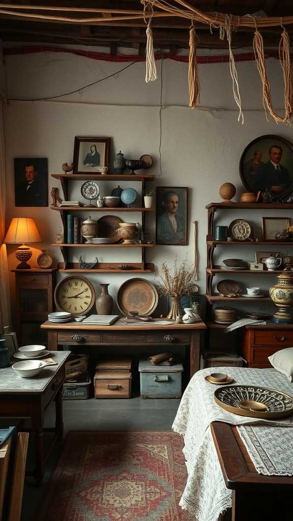 A rustic farmhouse bedroom featuring antique items and vintage decor.