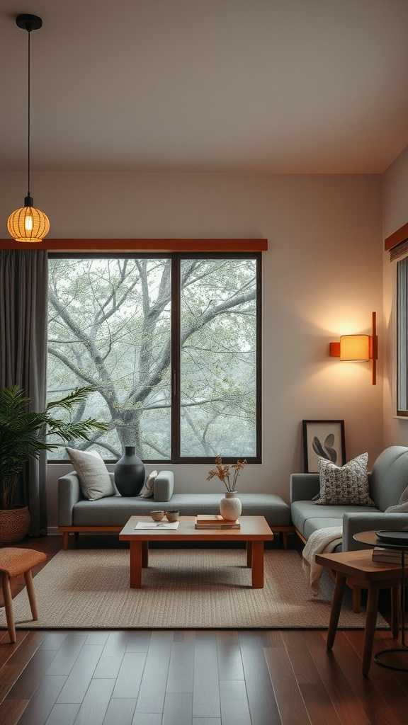 A cozy Japandi living room featuring soft lighting and natural elements.