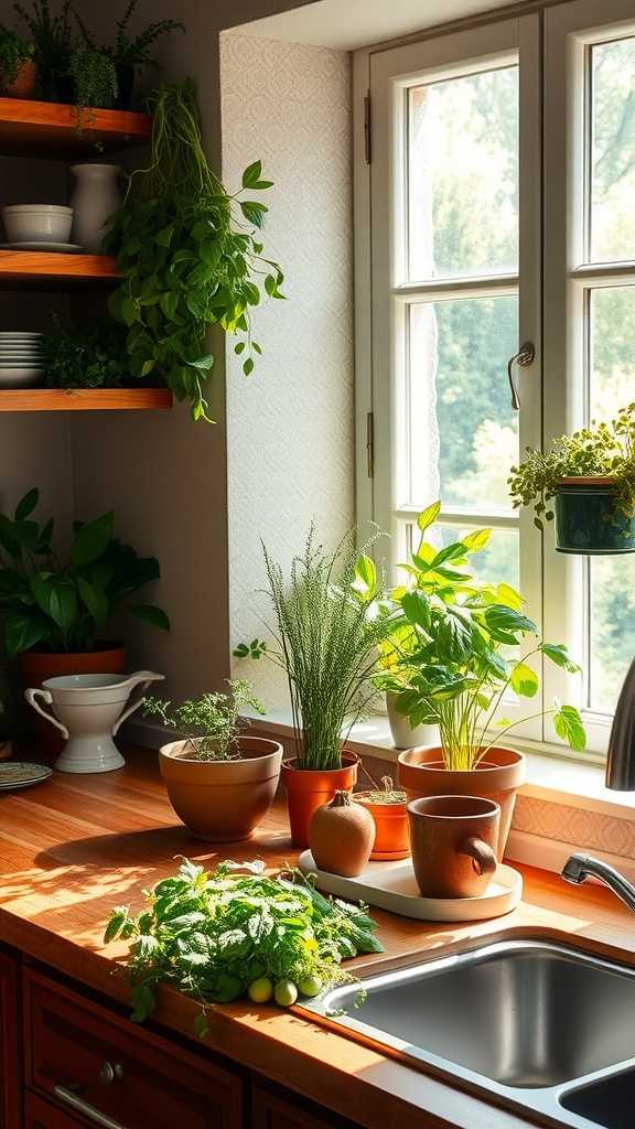 A sunny kitchen with potted herbs and plants on the counter and shelves, featuring dark wood kitchen cabinets.