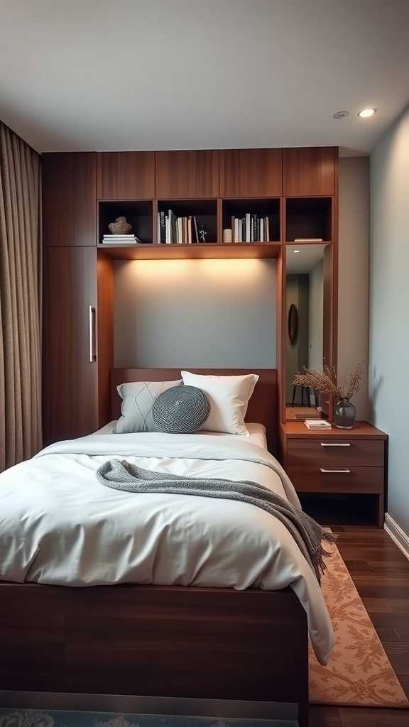 Cozy small bedroom featuring multi-functional furniture with storage.