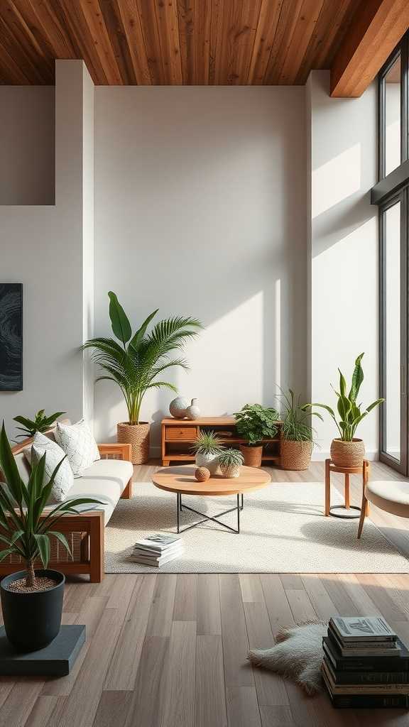 A modern minimalist living room featuring natural elements like plants and wooden furniture.