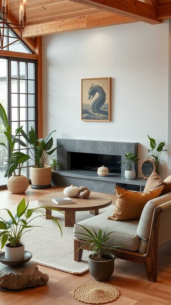 A cozy Japandi style living room with natural wood elements and plants.