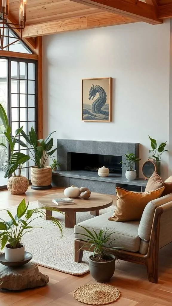 21 Japandi Living Room Design Ideas for a Cozy, Stylish Home 4 A cozy Japandi style living room with natural wood elements and plants.