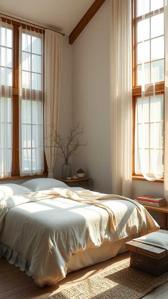 A bright and serene bedroom with natural light coming through large windows, featuring a simple decor.