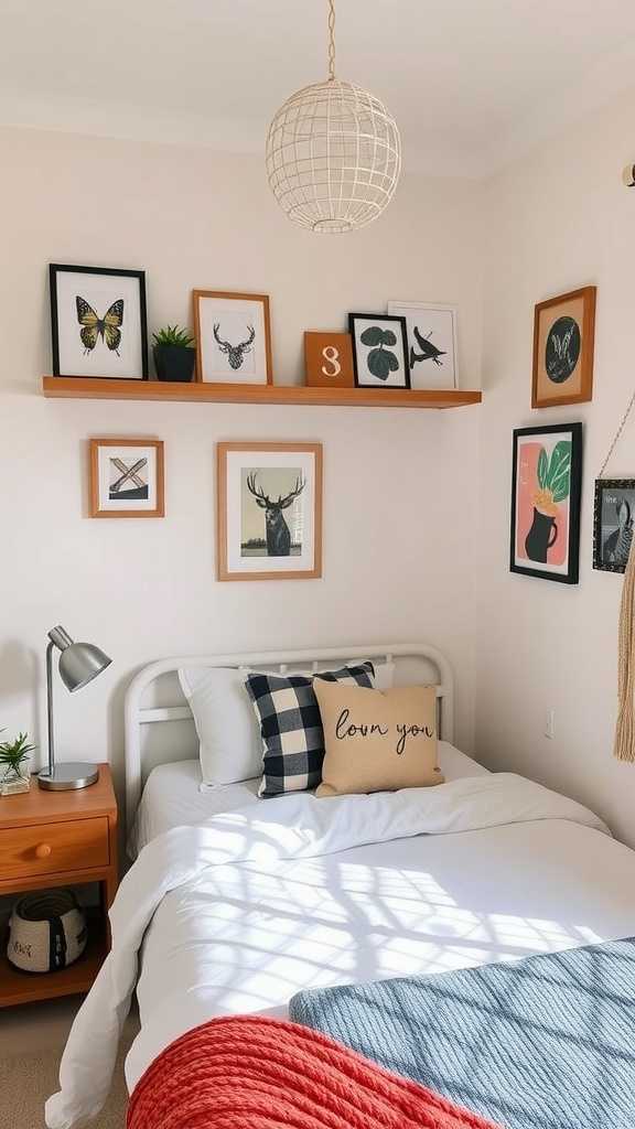 A cozy small bedroom featuring personal decor including framed photos and unique pillows.