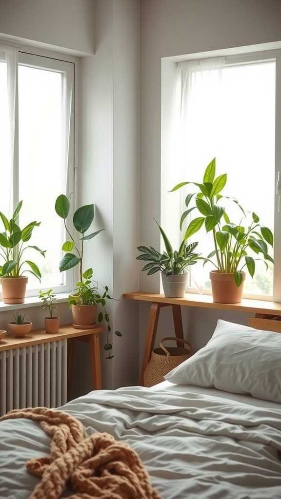 A cozy bedroom with various plants placed near windows, showcasing a wabi sabi design.