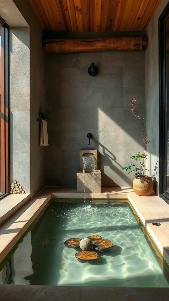 A serene bathroom featuring a water fountain, stone accents, and natural light.