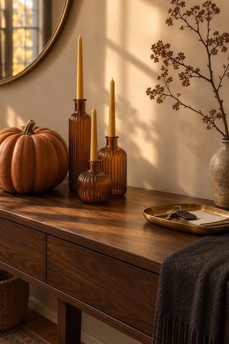 13 Indoor Halloween Decor Ideas for a Cozy October Home 1 Entryway console with three ribbed amber glass taper holders, a large heirloom pumpkin, and a brass key tray in warm afternoon light.