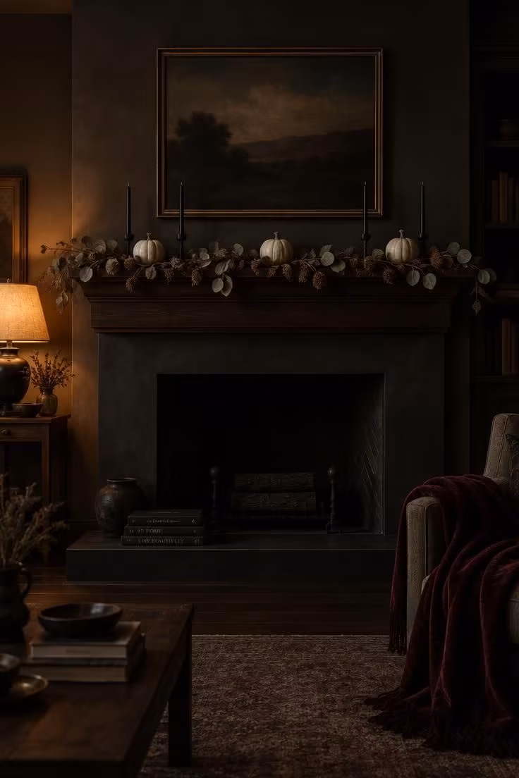 13 Indoor Halloween Decor Ideas for a Cozy October Home 2 Dark wood mantel layered with a dried eucalyptus garland, white pumpkins, and slim black tapers in low, moody light.