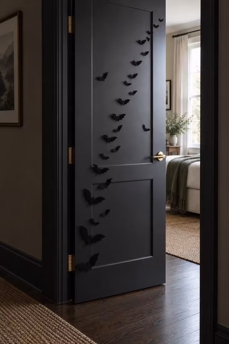 13 Indoor Halloween Decor Ideas for a Cozy October Home 3 Matte black interior door with a diagonal drift of small black paper bats climbing from the lower hinge toward the frame.