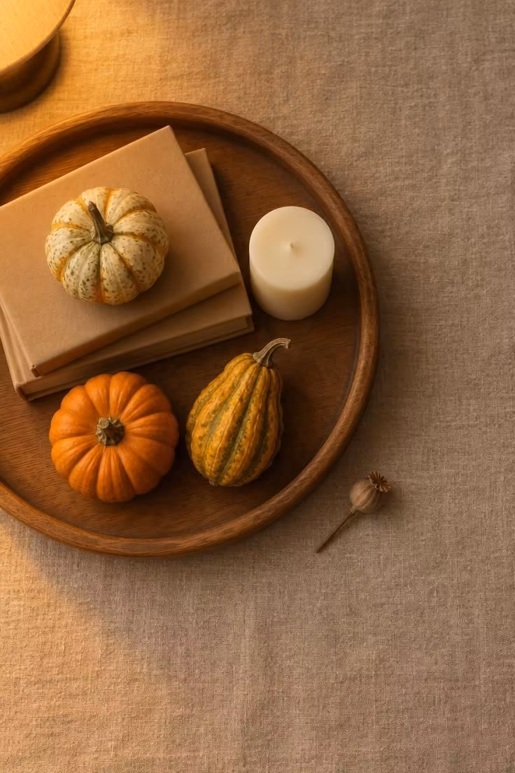 13 Indoor Halloween Decor Ideas for a Cozy October Home 4 Overhead view of a round wooden tray on a linen coffee table holding three mini pumpkins, kraft-wrapped books, and an ivory pillar candle.