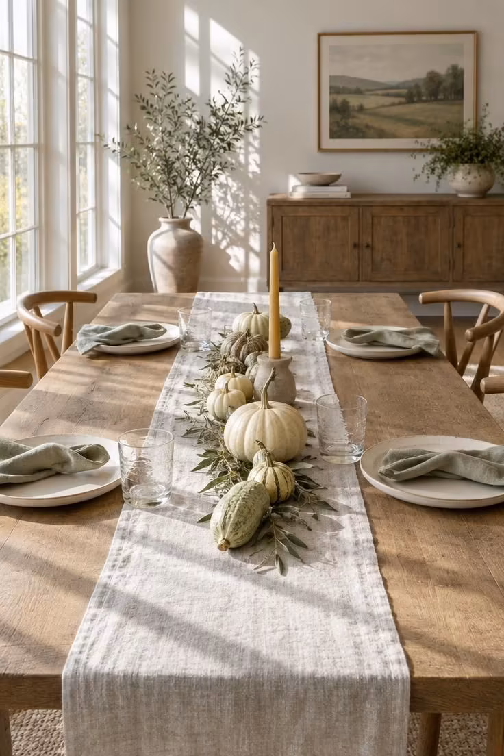 13 Indoor Halloween Decor Ideas for a Cozy October Home 5 Dining table in daylight with a raw linen runner, pale gourds, cream stoneware, and clear glassware in a neutral palette.