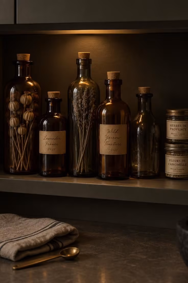 13 Indoor Halloween Decor Ideas for a Cozy October Home 6 Kitchen shelf lined with amber and smoked-glass bottles of varied shapes, dried stems, and kraft-paper labels in low warm light.